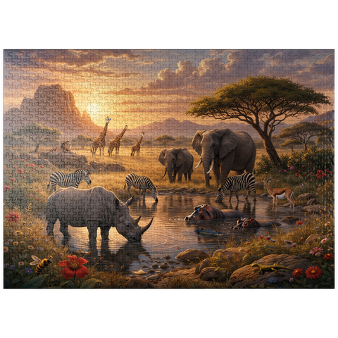 puzzleplate African Savanna Waterhole Sunset Wildlife 1000 Jigsaw Puzzle