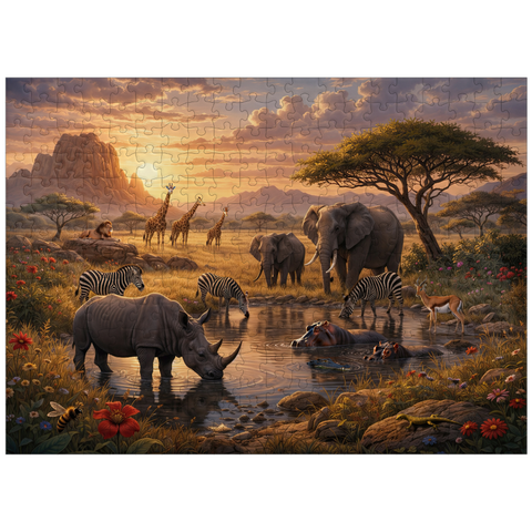 puzzleplate African Savanna Waterhole Sunset Wildlife 300 Jigsaw Puzzle