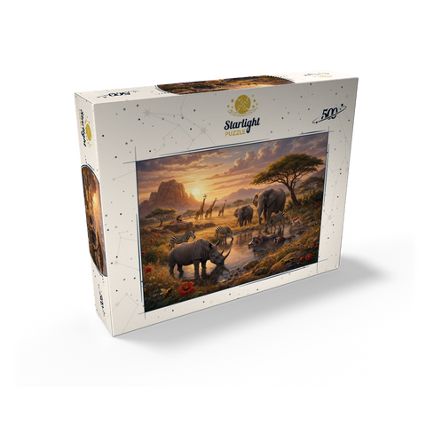 African Savanna Waterhole Sunset Wildlife 500 Jigsaw Puzzle box view2