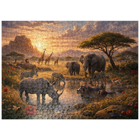 puzzleplate African Savanna Waterhole Sunset Wildlife 500 Jigsaw Puzzle