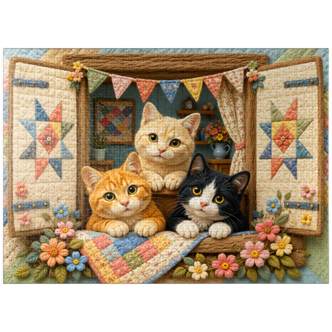 puzzleplate Cozy Quilt Window Cats 1000 Jigsaw Puzzle