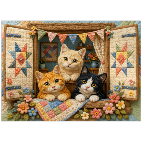 puzzleplate Cozy Quilt Window Cats 300 Jigsaw Puzzle