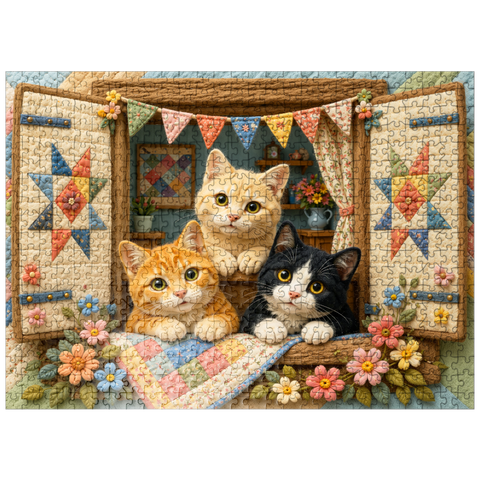puzzleplate Cozy Quilt Window Cats 500 Jigsaw Puzzle