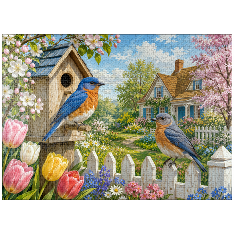 puzzleplate Bluebird Spring Cottage Garden 1000 Jigsaw Puzzle