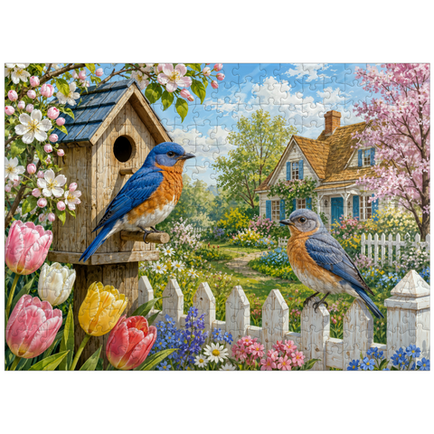 puzzleplate Bluebird Spring Cottage Garden 300 Jigsaw Puzzle