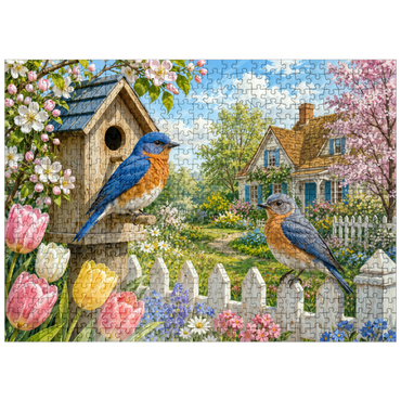 puzzleplate Bluebird Spring Cottage Garden 500 Jigsaw Puzzle
