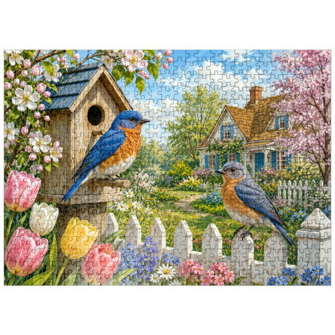 puzzleplate Bluebird Spring Cottage Garden 500 Jigsaw Puzzle