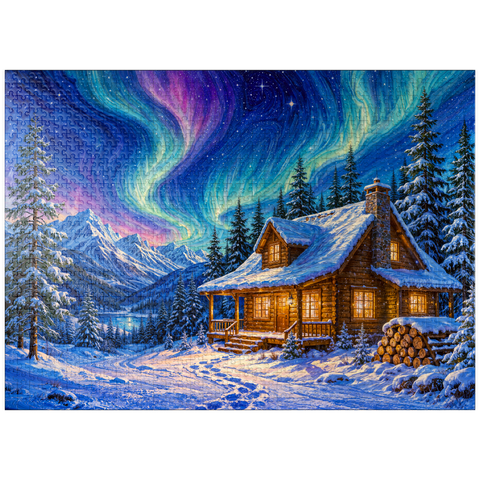 puzzleplate Northern Lights Cabin Winter Serenity 1000 Jigsaw Puzzle