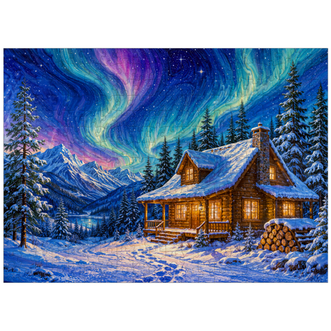 puzzleplate Northern Lights Cabin Winter Serenity 300 Jigsaw Puzzle