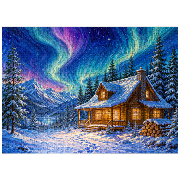 puzzleplate Northern Lights Cabin Winter Serenity 500 Jigsaw Puzzle