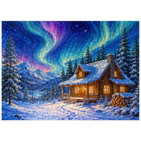 puzzleplate Northern Lights Cabin Winter Serenity 500 Jigsaw Puzzle