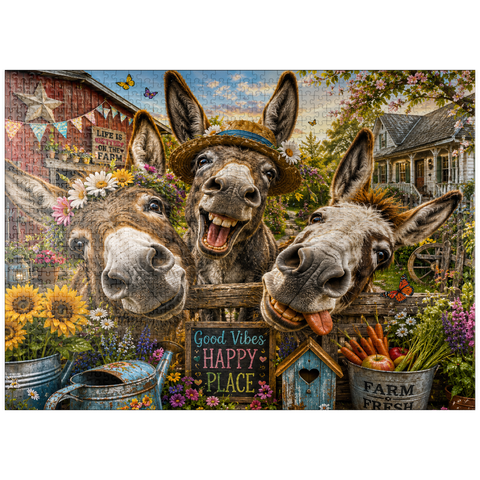 puzzleplate Three Silly Donkeys Farm Charm 1000 Jigsaw Puzzle