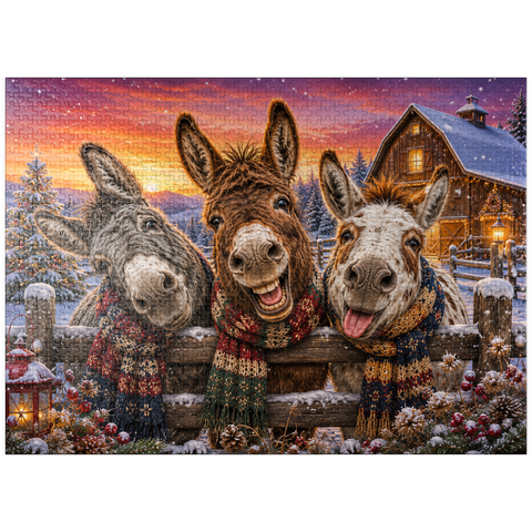 puzzleplate Christmas Donkeys with Winter Scarves 1000 Jigsaw Puzzle