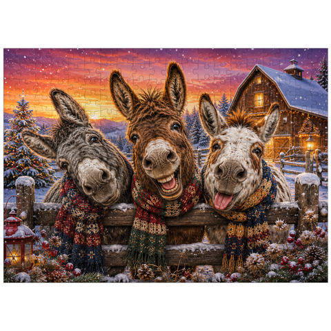 puzzleplate Christmas Donkeys with Winter Scarves 300 Jigsaw Puzzle