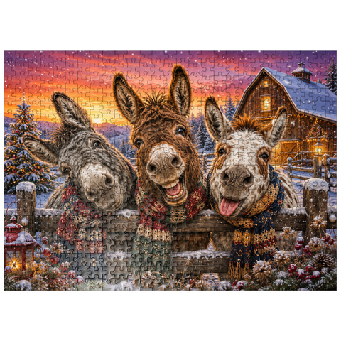 puzzleplate Christmas Donkeys with Winter Scarves 500 Jigsaw Puzzle