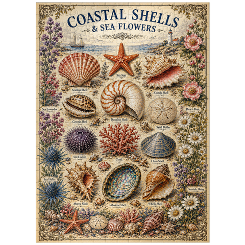 puzzleplate Coastal Shells and Sea Flowers Vintage Art Poster 300 Jigsaw Puzzle