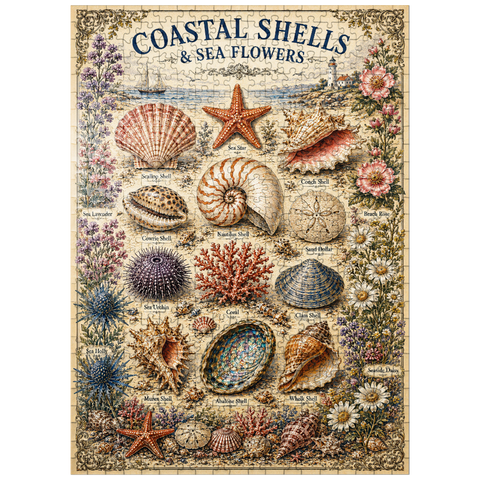 puzzleplate Coastal Shells and Sea Flowers Vintage Art Poster 500 Jigsaw Puzzle