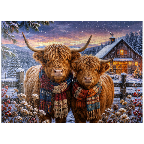 puzzleplate Highland Cows Winter Scarves 1000 Jigsaw Puzzle