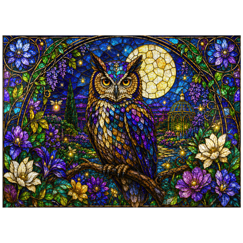 puzzleplate Stained Glass Owl Moon Garden 300 Jigsaw Puzzle