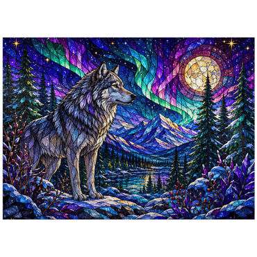 puzzleplate Stained Glass Wolf Aurora Forest 300 Jigsaw Puzzle