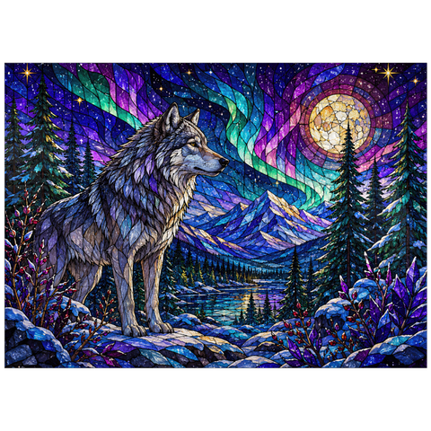 puzzleplate Stained Glass Wolf Aurora Forest 300 Jigsaw Puzzle