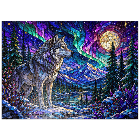 puzzleplate Stained Glass Wolf Aurora Forest 500 Jigsaw Puzzle