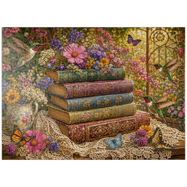 puzzleplate Wildflower Book Stack with Hummingbirds 1000 Jigsaw Puzzle