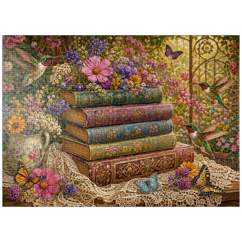 puzzleplate Wildflower Book Stack with Hummingbirds 1000 Jigsaw Puzzle