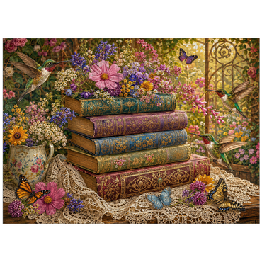 puzzleplate Wildflower Book Stack with Hummingbirds 300 Jigsaw Puzzle