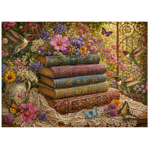 puzzleplate Wildflower Book Stack with Hummingbirds 300 Jigsaw Puzzle