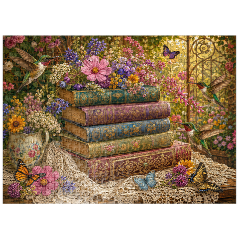 puzzleplate Wildflower Book Stack with Hummingbirds 500 Jigsaw Puzzle