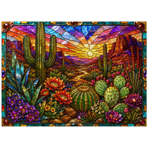 puzzleplate Stained Glass Cactus Desert Bloom 300 Jigsaw Puzzle