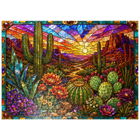 puzzleplate Stained Glass Cactus Desert Bloom 500 Jigsaw Puzzle