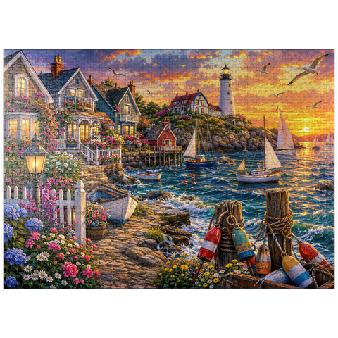 puzzleplate New England Lighthouse Flower Harbor 1000 Jigsaw Puzzle