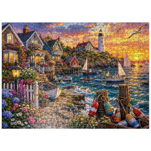 puzzleplate New England Lighthouse Flower Harbor 500 Jigsaw Puzzle