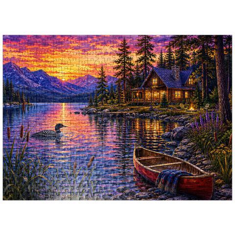 puzzleplate Loon Lake Twilight Cabin 500 Jigsaw Puzzle