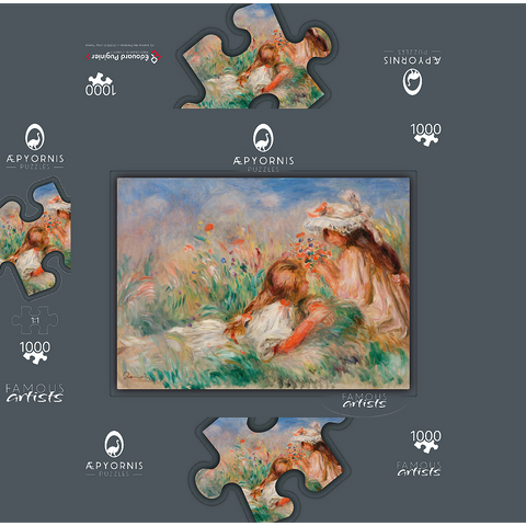Girls in the Grass Arranging a Bouquet (Fillette couchée sur l'herbe et jeune fille arrangeant un bouquet) (1890) by Pierre-Auguste Renoir 1000 Jigsaw Puzzle box 3D Modell