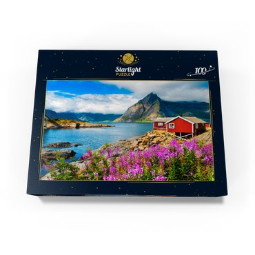Typical red fishing houses in a harbor in Lofoten Norway 100 Jigsaw Puzzle box view1