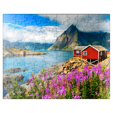 puzzleplate Typical red fishing houses in a harbor in Lofoten Norway 100 Jigsaw Puzzle