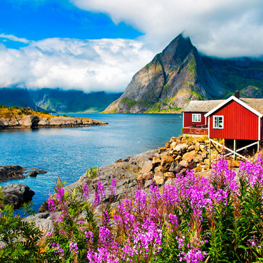 Typical red fishing houses in a harbor in Lofoten Norway 100 Jigsaw Puzzle 3D Modell