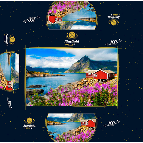 Typical red fishing houses in a harbor in Lofoten Norway 100 Jigsaw Puzzle box 3D Modell