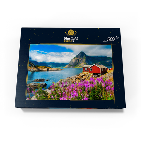 Typical red fishing houses in a harbor in Lofoten Norway 500 Jigsaw Puzzle box view1