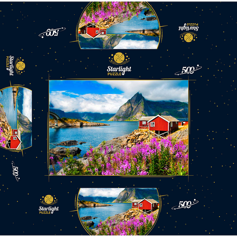 Typical red fishing houses in a harbor in Lofoten Norway 500 Jigsaw Puzzle box 3D Modell