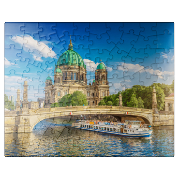 puzzleplate Historic Berlin Cathedral on Museum Island with excursion boat on the river Spree Berlin Germany 100 Jigsaw Puzzle