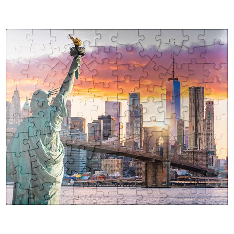 puzzleplate Statue of Liberty and New York City skyline at sunset USA 100 Jigsaw Puzzle
