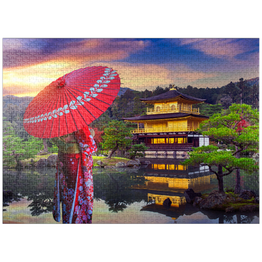 puzzleplate woman in traditional japanese kimono, Kinkakuji temple Kyoto, Japan 1000 Jigsaw Puzzle