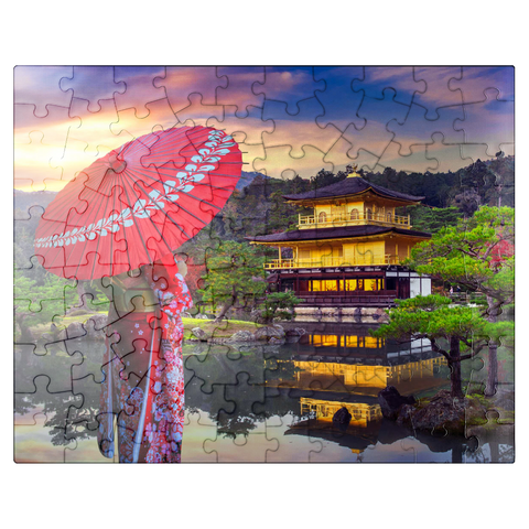 puzzleplate woman in traditional japanese kimono Kinkakuji temple Kyoto Japan 100 Jigsaw Puzzle