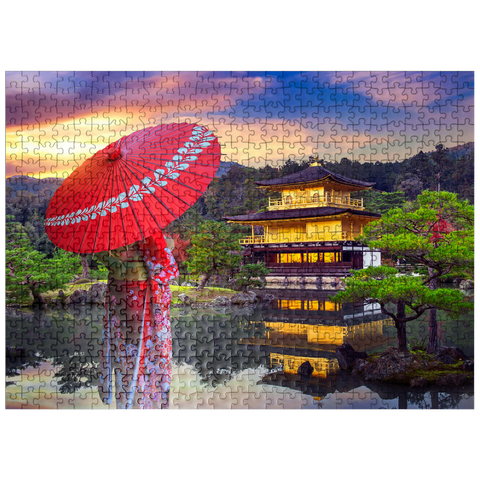puzzleplate woman in traditional japanese kimono Kinkakuji temple Kyoto Japan 500 Jigsaw Puzzle