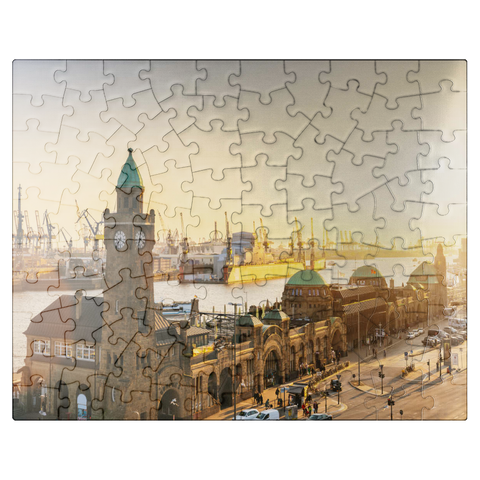 puzzleplate Hamburg St. Pauli Landungsbrücken at sunset Germany 100 Jigsaw Puzzle