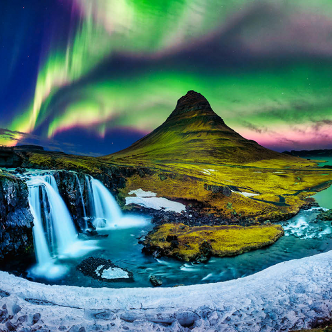 Northern lights Aurora borealis at Kirkjufell in Iceland 100 Jigsaw Puzzle 3D Modell